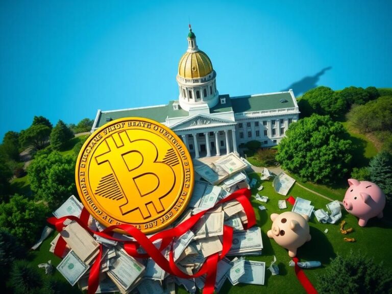 Flick International Overhead view of Pennsylvania State Capitol building with Dogecoin logo and symbols of bureaucracy