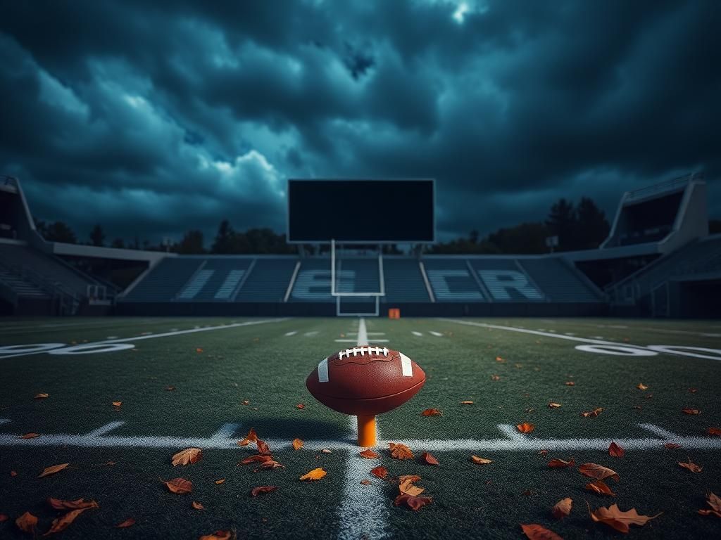 Flick International A dimly lit football stadium at dusk with a solitary football tee and scattered autumn leaves on the 50-yard line.