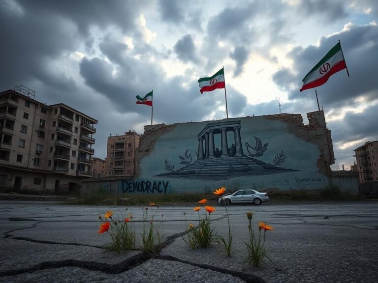 Flick International A desolate urban landscape in Iran depicting resistance with crumbling buildings and faded flags