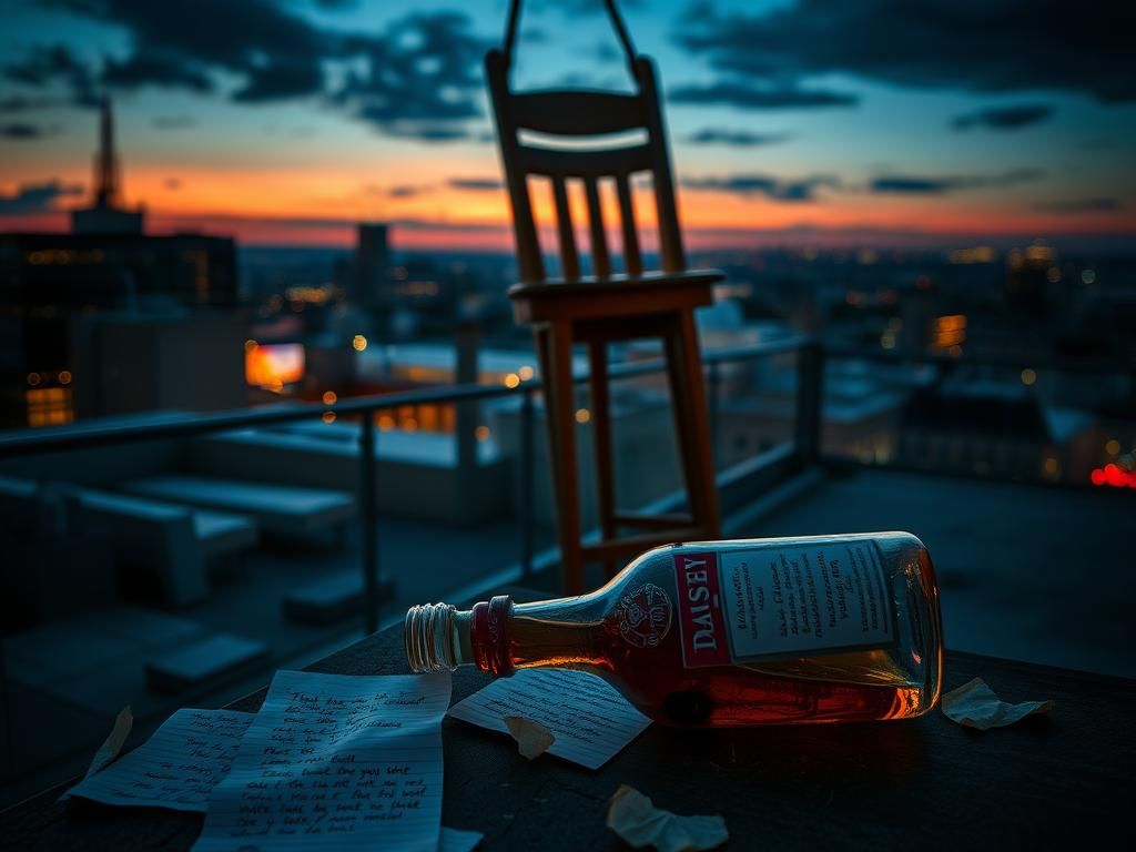 Flick International An empty rooftop bar in Nashville with a weathered chair and a whiskey bottle, symbolizing struggle and addiction