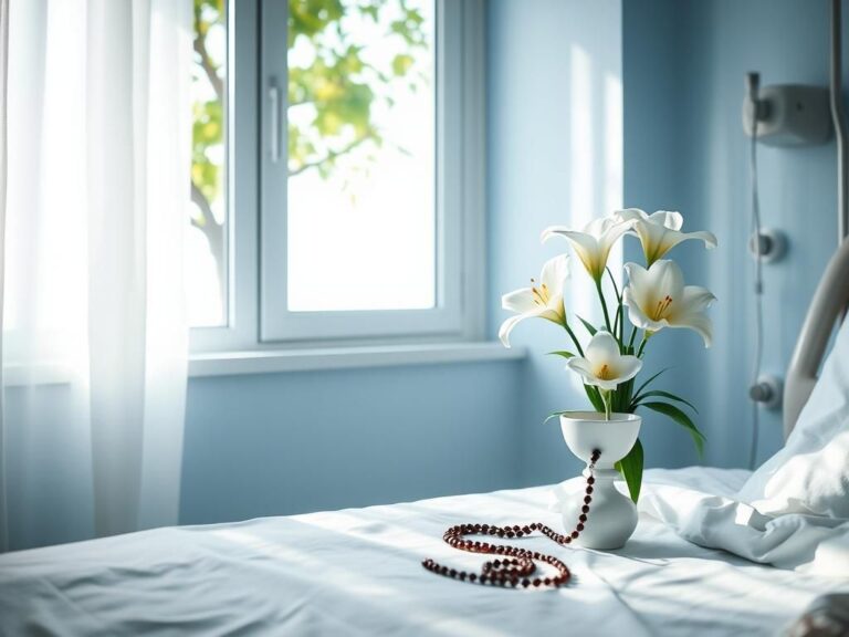 Flick International A serene hospital room with a bedside table holding a white porcelain chalice and rosary beside fresh white lilies