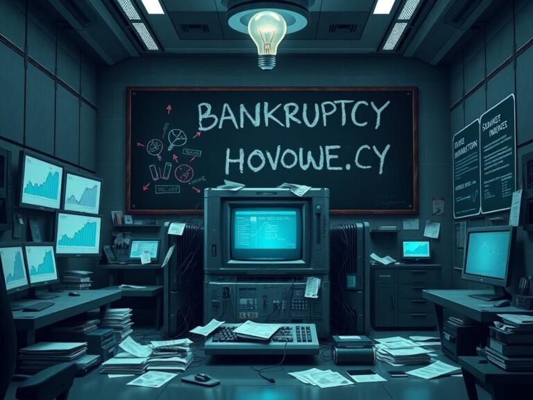 Flick International A futuristic office environment showcasing a chaotic government computer system surrounded by financial decline graphics.