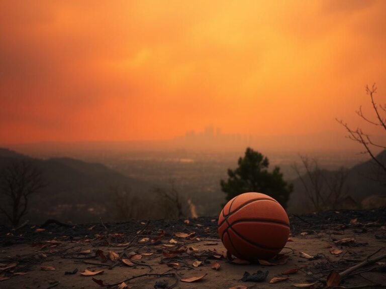 Flick International Smoky California landscape with urban silhouette during wildfires and basketball among ash