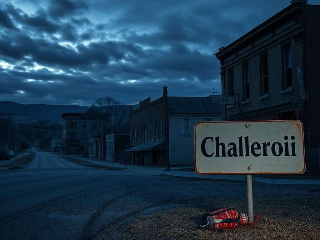 Flick International Somber landscape of Charleroi, Pennsylvania, with dilapidated buildings and worn road signs