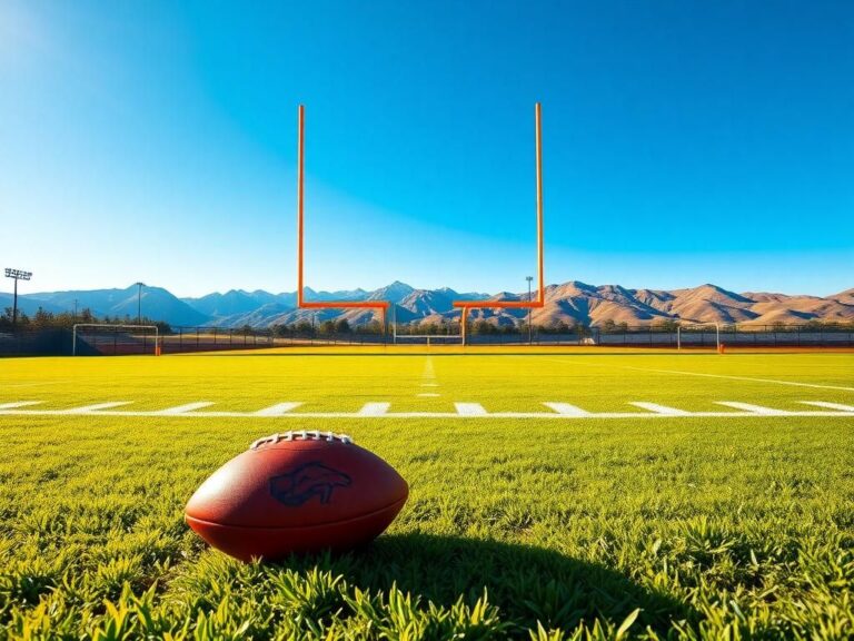 Flick International Empty NFL football field with orange and blue goalposts