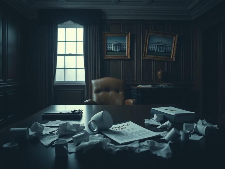 Flick International Dimly lit office scene with an empty presidential desk and crumpled papers, symbolizing political turmoil