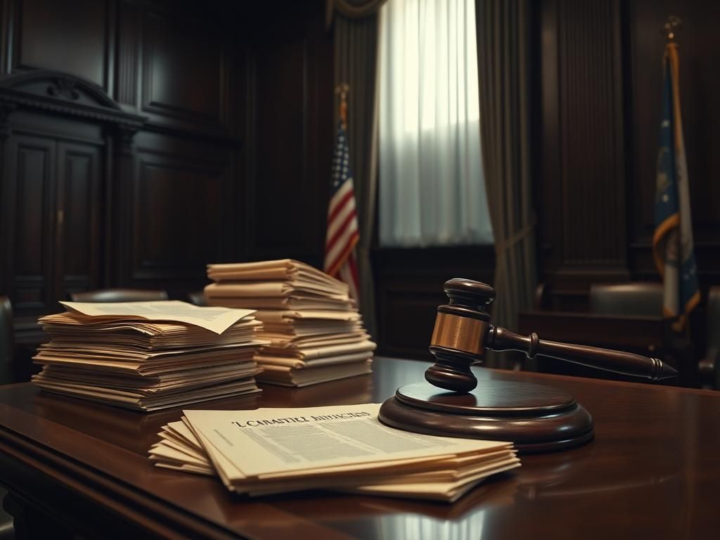 Flick International Somber courtroom interior featuring a polished gavel and legal documents