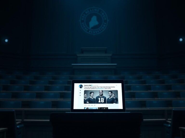 Flick International Dimly lit legislative chamber with empty seats and an unoccupied podium symbolizing censorship