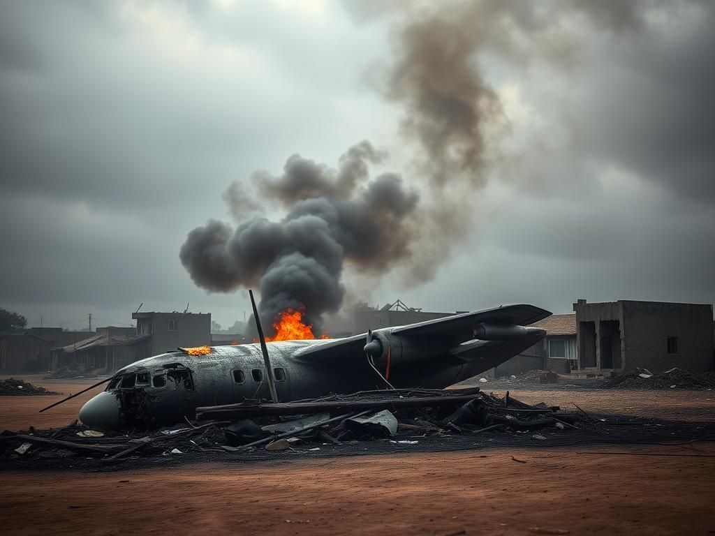 Flick International Aftermath of Sudan military plane crash showing charred remnants of an Antonov aircraft