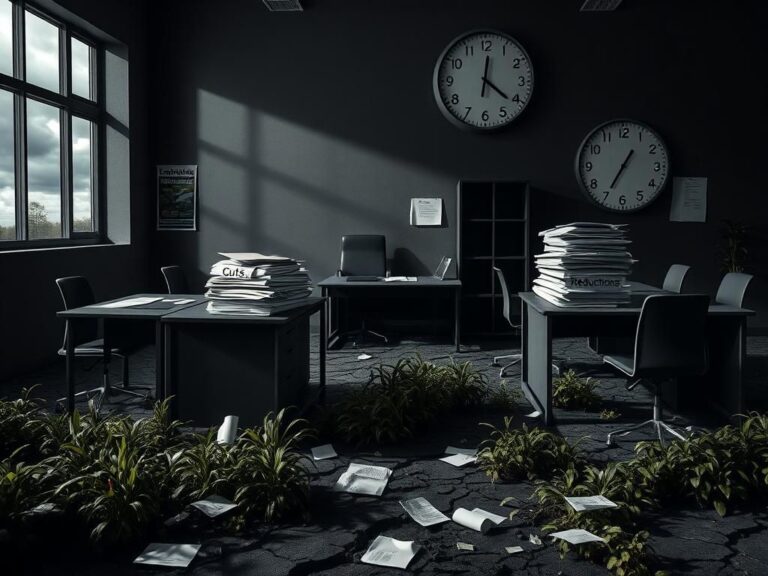 Flick International Darkened office space of the Environmental Protection Agency with empty desks and overgrown plants