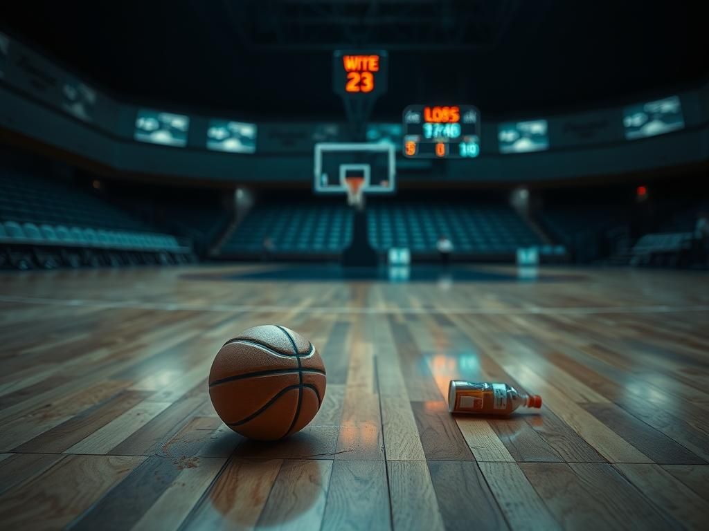 Flick International Scuffed basketball on hardwood floor after playoff incident