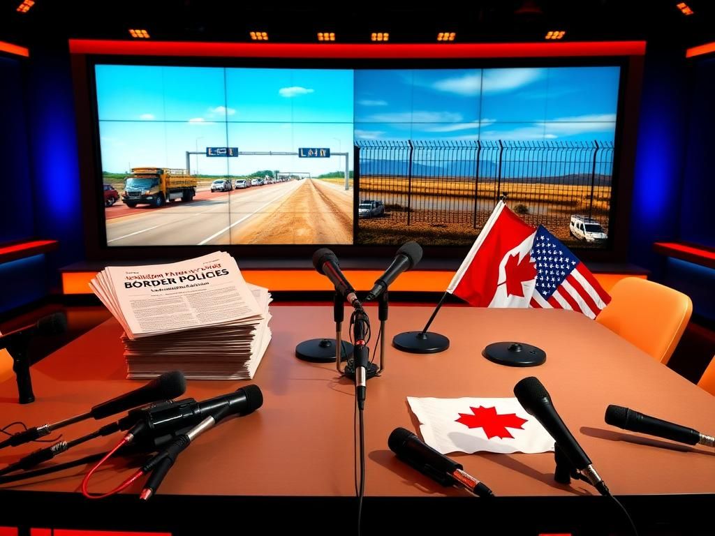 Flick International A divided debate table with immigration policy documents and intertwined Canadian and American flags.