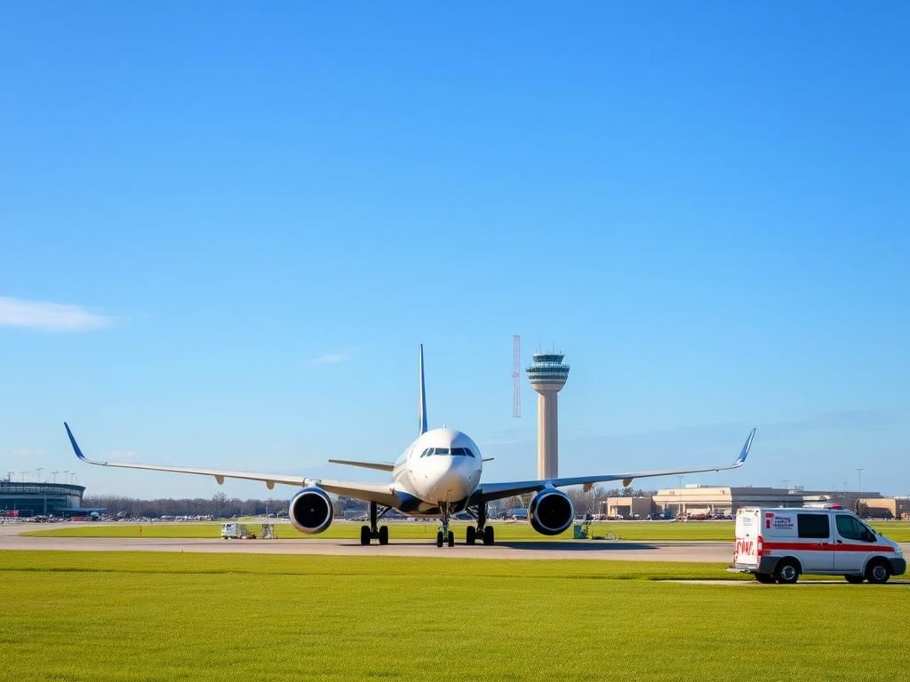 Flick International Delta Air Lines passenger aircraft at Charlotte Douglas International Airport with emergency response vehicle in view