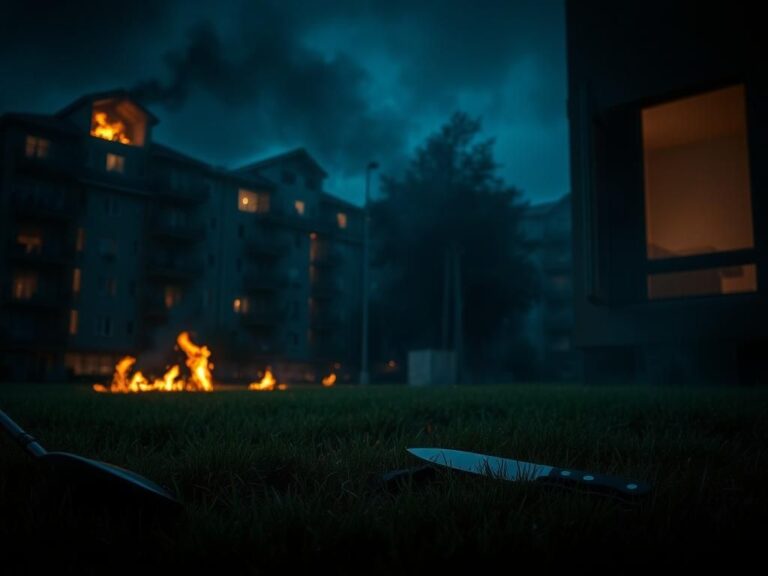 Flick International Somber scene of a luxury apartment complex at night with smoke and flickering flames.