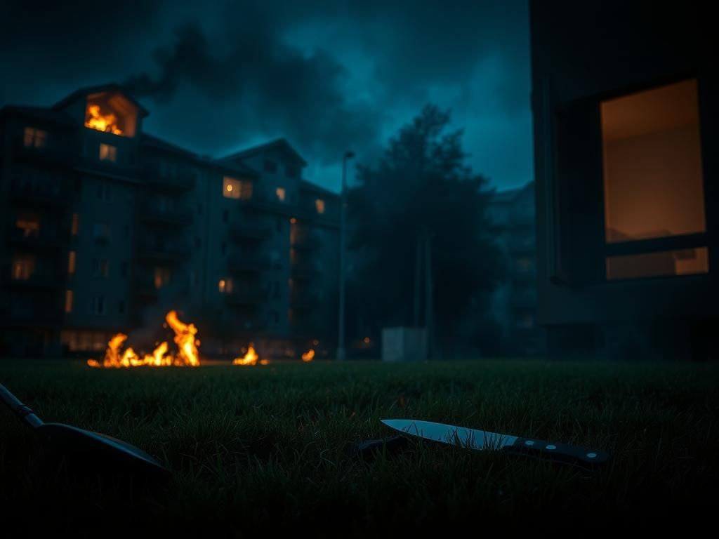 Flick International Somber scene of a luxury apartment complex at night with smoke and flickering flames.