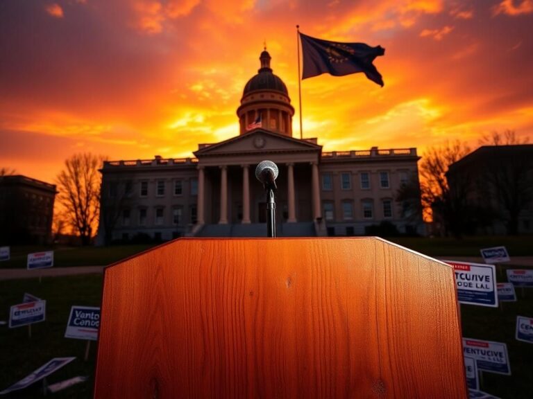 Flick International Historic Kentucky Capitol building at sunset with a weathered podium in the foreground