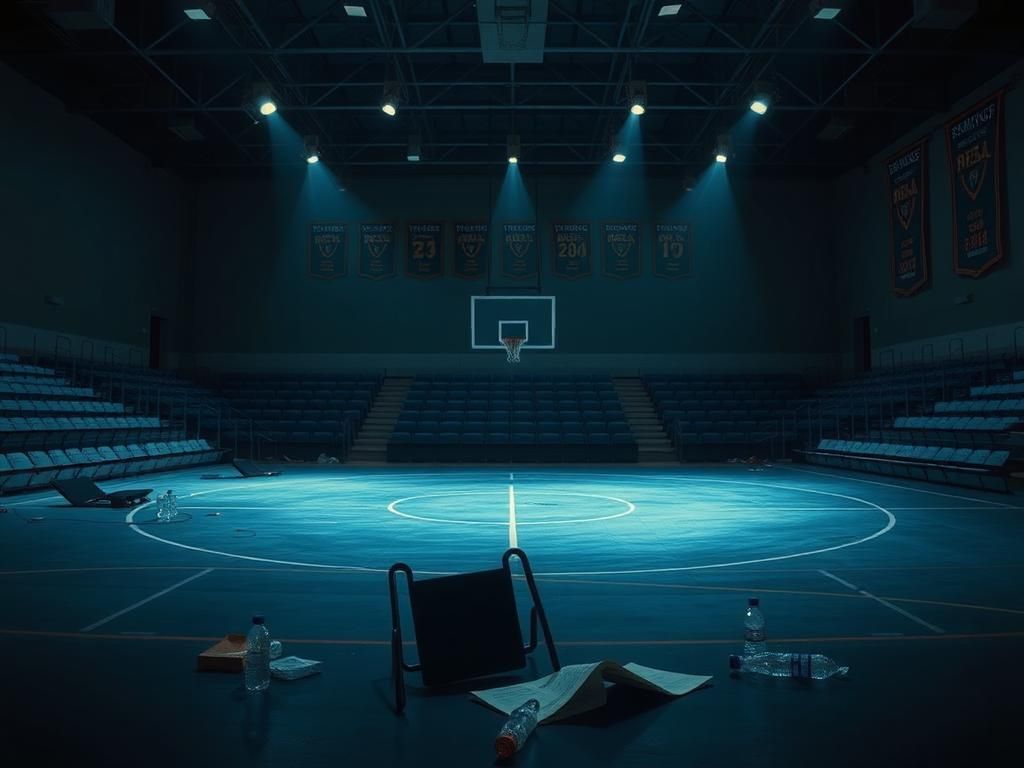 Flick International Empty wrestling gym with overturned chair and scattered mats reflecting chaos