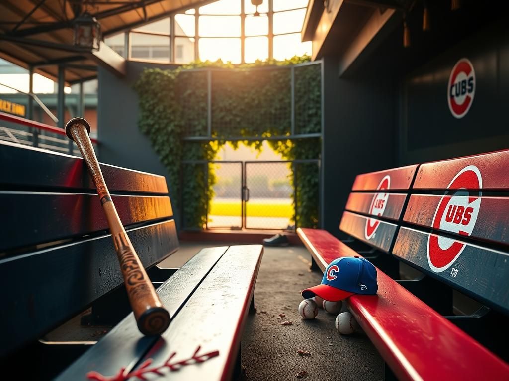 Flick International A nostalgic view of a Chicago Cubs dugout with a worn baseball bat and Cubs cap.