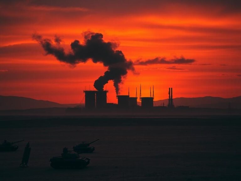 Flick International Stark contrast of the arid Iranian desert with a nuclear facility under a twilight sky