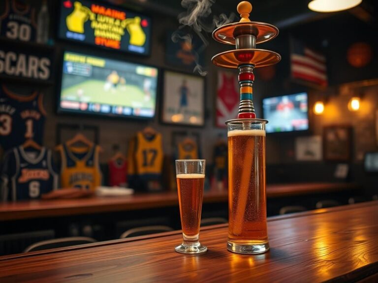 Flick International Dimly lit sports bar scene featuring a tall glass of beer and a colorful hookah.