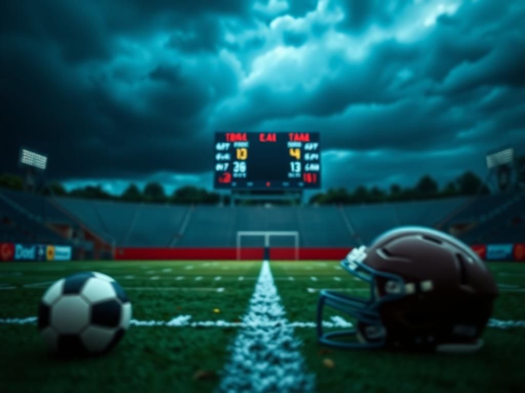 Flick International A dynamic sports field scene under a stormy sky, featuring blurred sports equipment.