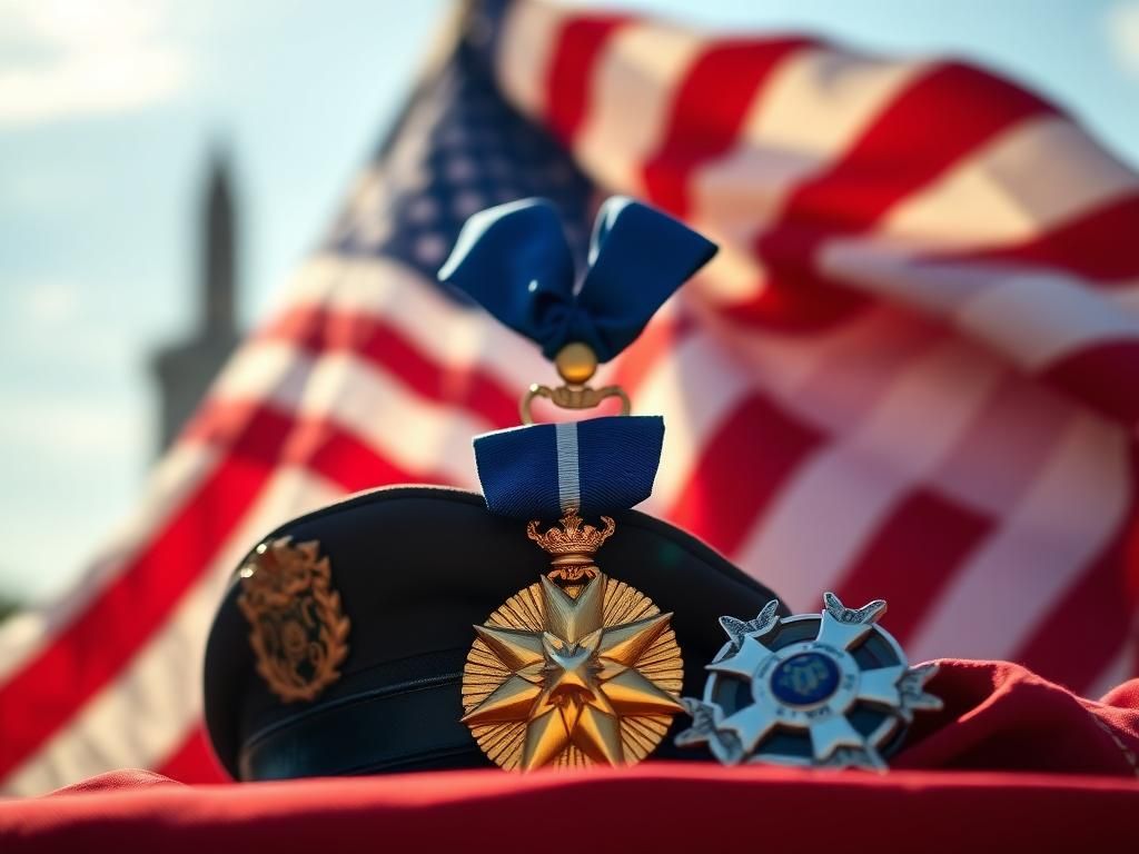 Flick International Close-up view of a Medal of Honor with military insignia and American flag background