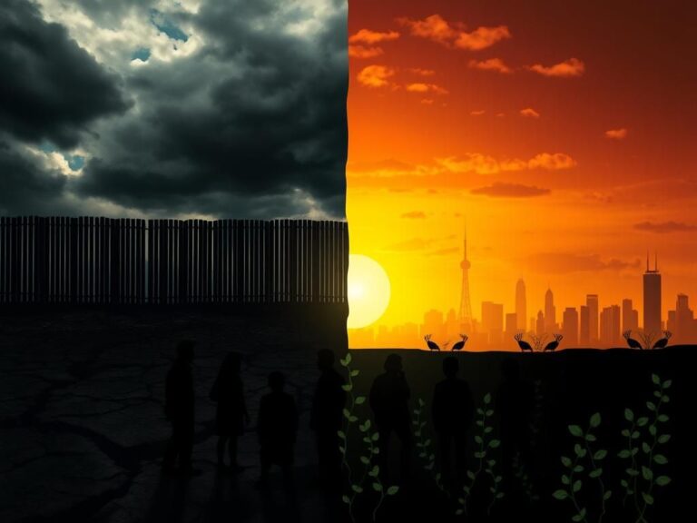 Flick International A dramatic split landscape contrasting a dark border wall with a vibrant city skyline under a hopeful sunrise.