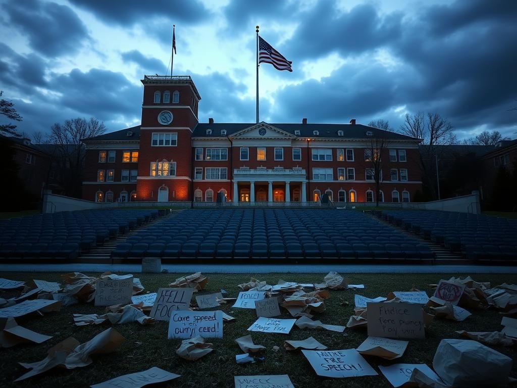 Flick International University campus scene with empty amphitheater and protest signs