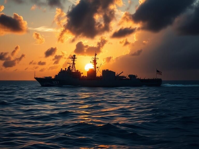 Flick International Navy warship navigating through ocean waters at sunset