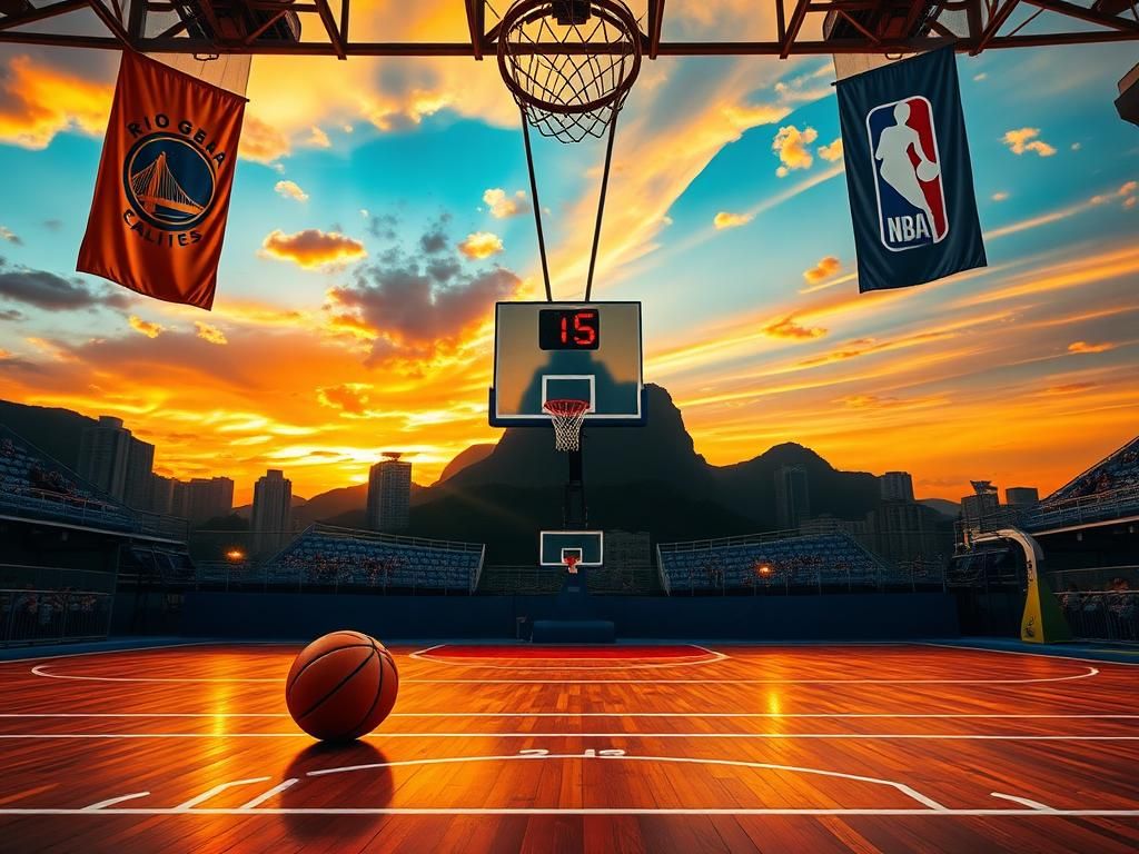 Flick International Basketball court at sunset with Rio de Janeiro skyline