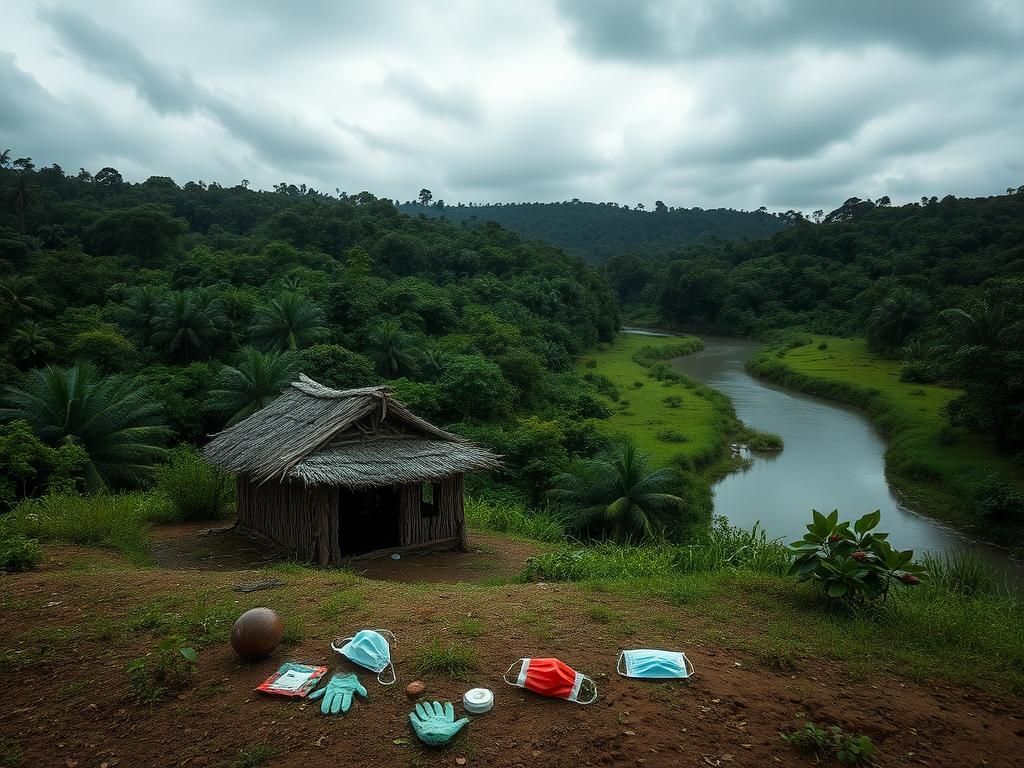 Flick International A deserted village hut in Équateur Province, Democratic Republic of the Congo, surrounded by healthcare symbols illustrating the Ebola outbreak's impact.