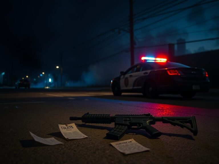 Flick International Dark urban street scene at dawn with police cruiser and threat note