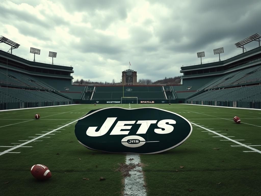 Flick International A stark, empty New York Jets stadium under a cloudy sky symbolizing disappointment