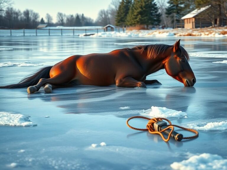 Flick International Large soaked quarter horse struggling to get back on its feet on ice near an icy pond