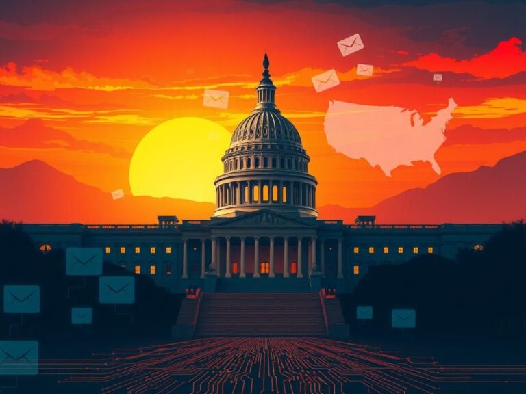 Flick International A digital illustration of the U.S. Capitol building with symbolic political elements and technology motifs