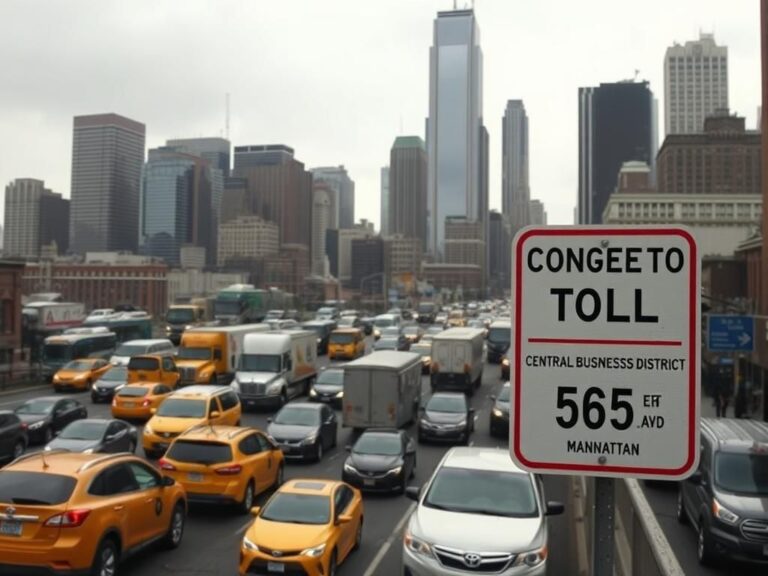 Flick International Busy New York City street with heavy traffic congestion and congestion toll signage