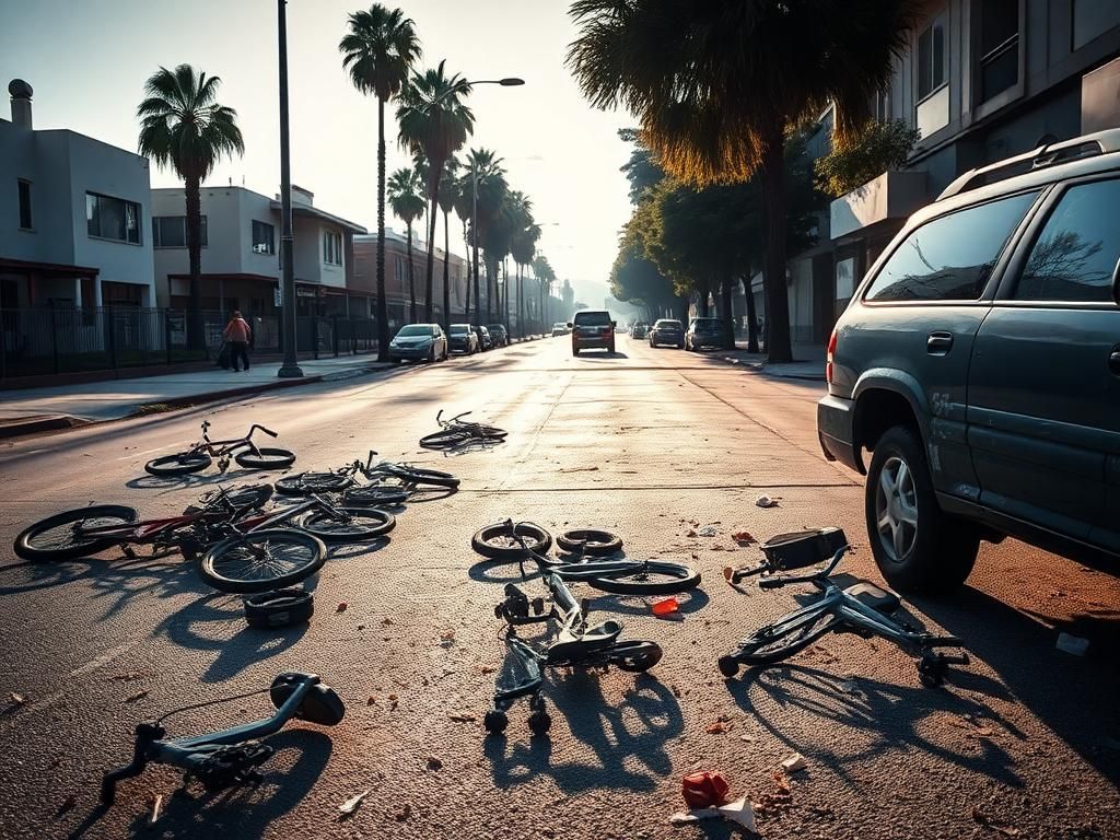 Flick International A deserted street in Carthay, Los Angeles, littered with bicycles following a violent altercation.