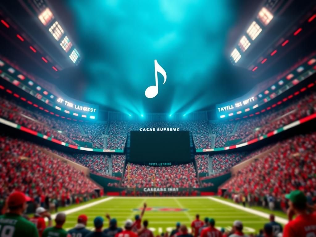 Flick International Dramatic scene at the Super Bowl showing a vibrant stadium filled with fans in Eagles green and Chiefs red, with a large empty screen featuring a music note for Taylor Swift.