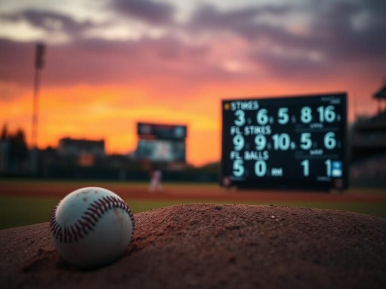 Flick International Close-up of a baseball on a pitcher's mound, showcasing signs of wear against a dusk backdrop