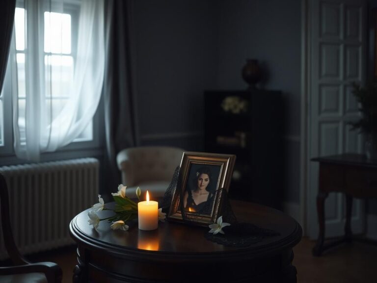 Flick International Softly lit room with mementos and a framed photo symbolizing mourning