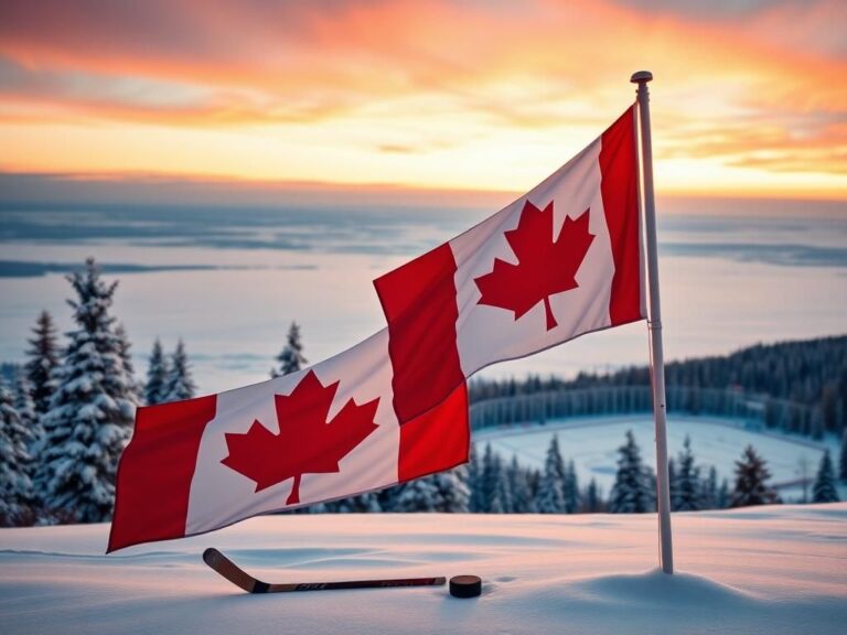 Flick International Canadian flag waving with snowy landscape and hockey elements