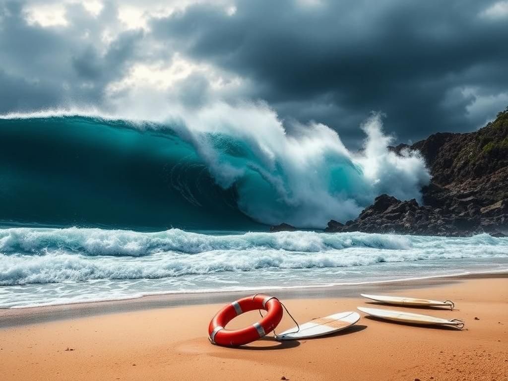 Flick International Dramatic ocean scene at Banzai Pipeline showcasing towering waves and rocky shoreline