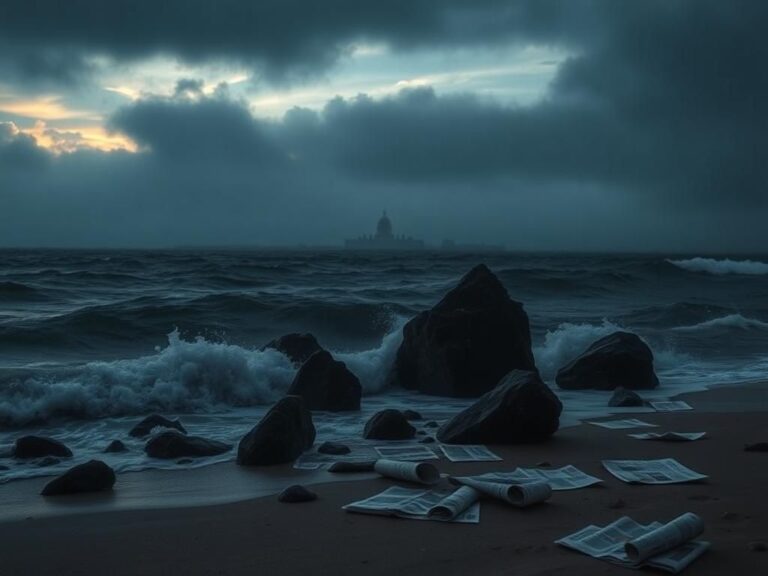 Flick International Moody landscape depicting a turbulent ocean under a brooding sky, reflecting political turmoil.