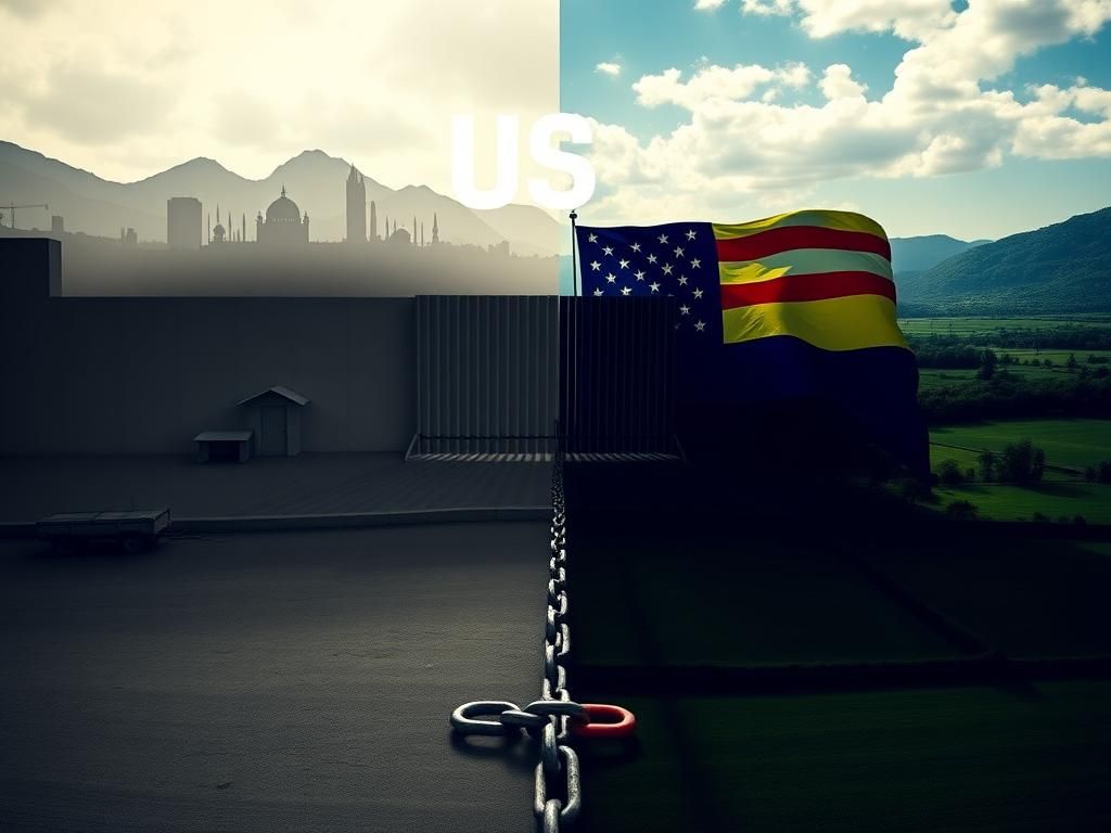 Flick International Split landscape depicting U.S. and Venezuelan tensions with a barrier symbolizing political divide