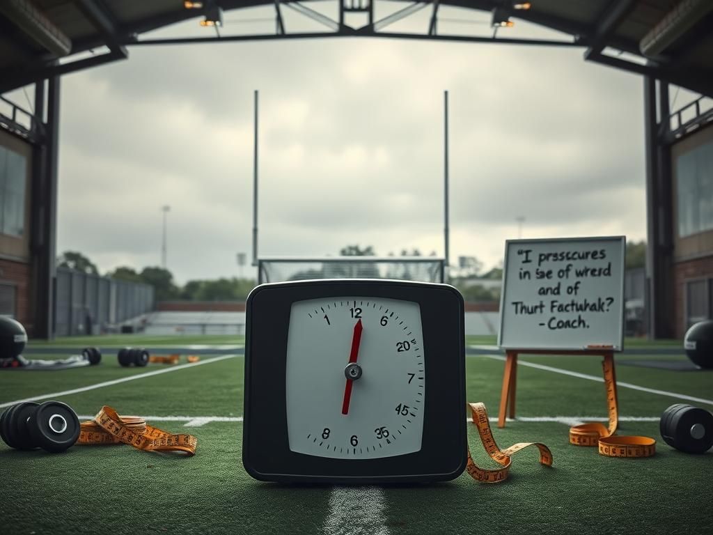 Flick International Dramatic scene of a football training facility with an empty scale and scattered weights.