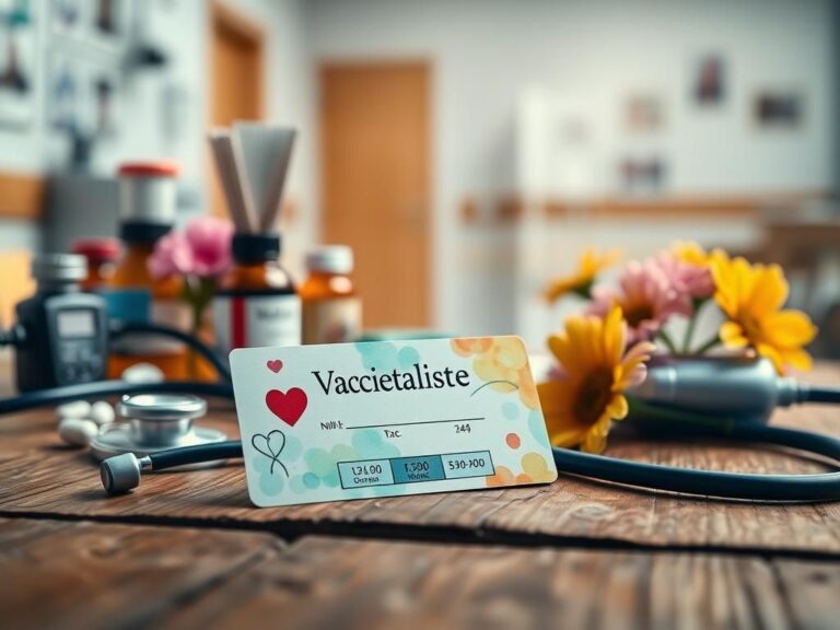 Flick International Close-up view of a colorful vaccination card on a rustic wooden table surrounded by medical tools