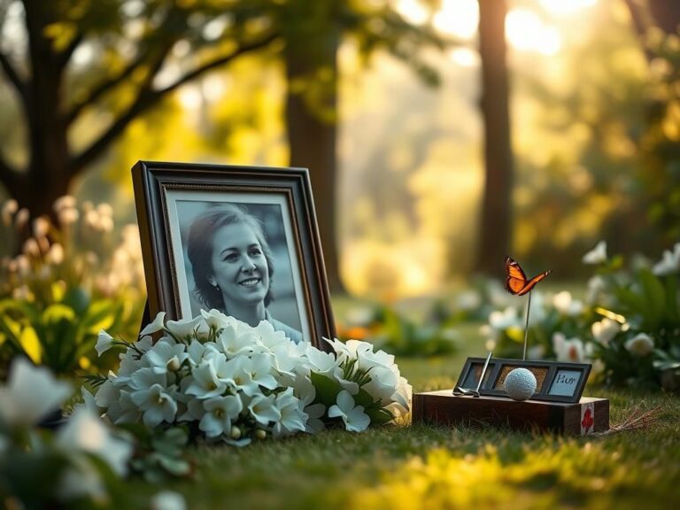 Flick International Peaceful garden altar honoring Kultida Woods with framed photo and white flowers