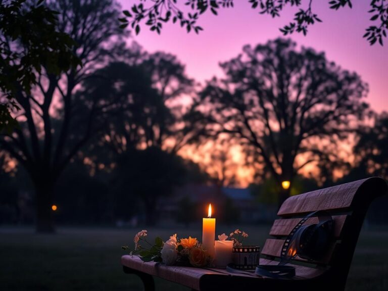 Flick International A candle on a bench surrounded by flowers in a tranquil park at dusk