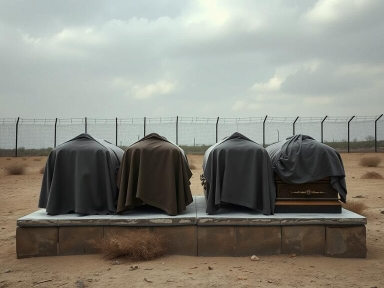 Flick International Four ornate caskets symbolizing the exchange of deceased hostages during the Israel-Hamas conflict