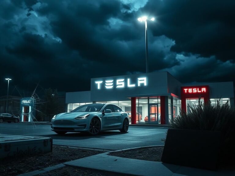 Flick International A tense scene at a Colorado Tesla dealership with a sleek vehicle under bright lights and a shattered window